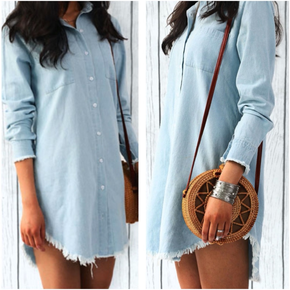 Solid Light Blue Frayed Hem Button Down Long Sleeve Dress - Picture 2 of 3